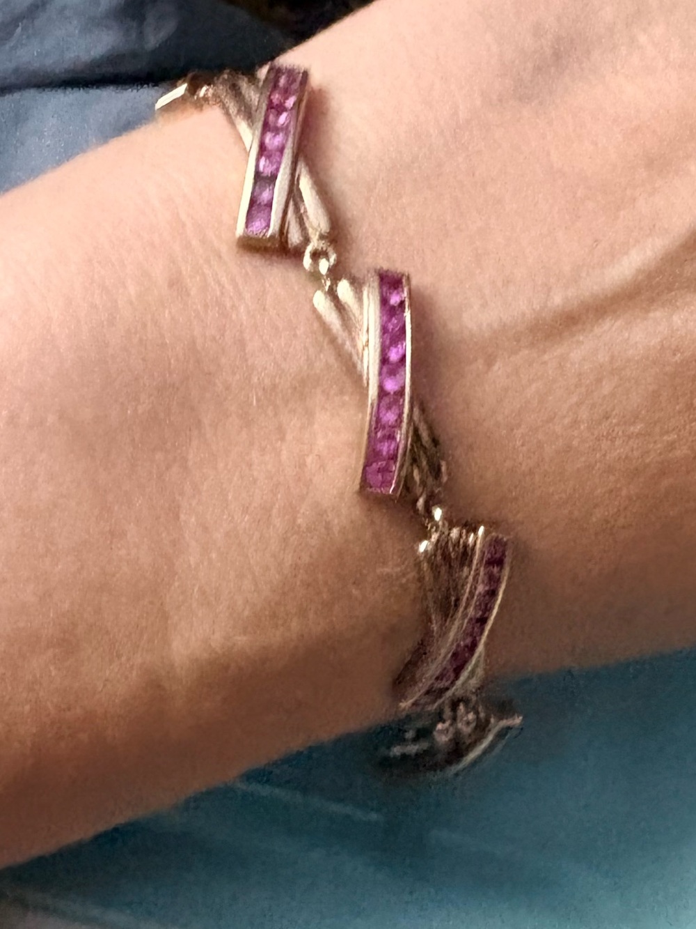 VTG Red Pink  Genuine ChannelSet Ruby Bracelet 925 Rose Gold Plated Crisscross